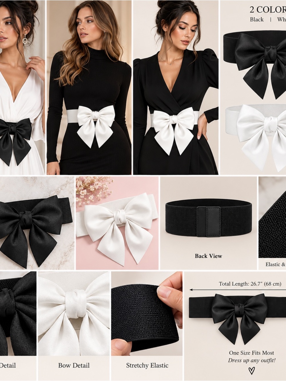 2 Elegant Satin Bow Waist Belt - White & Black- Women Accessories